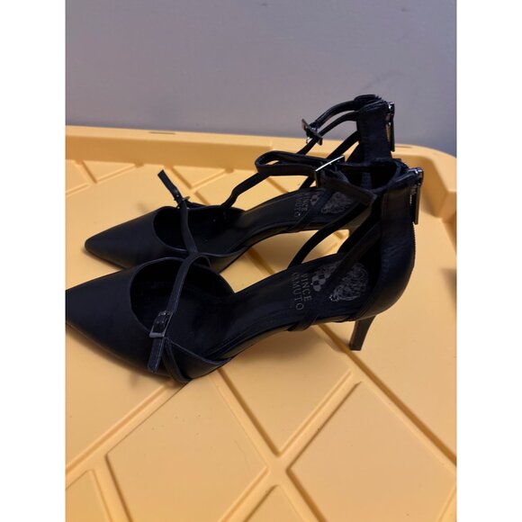 Vince Camuto Black Leather Pointed Toe Ankle Strap Heels With Back Zipper 7 SIZE - Picture 3 of 7